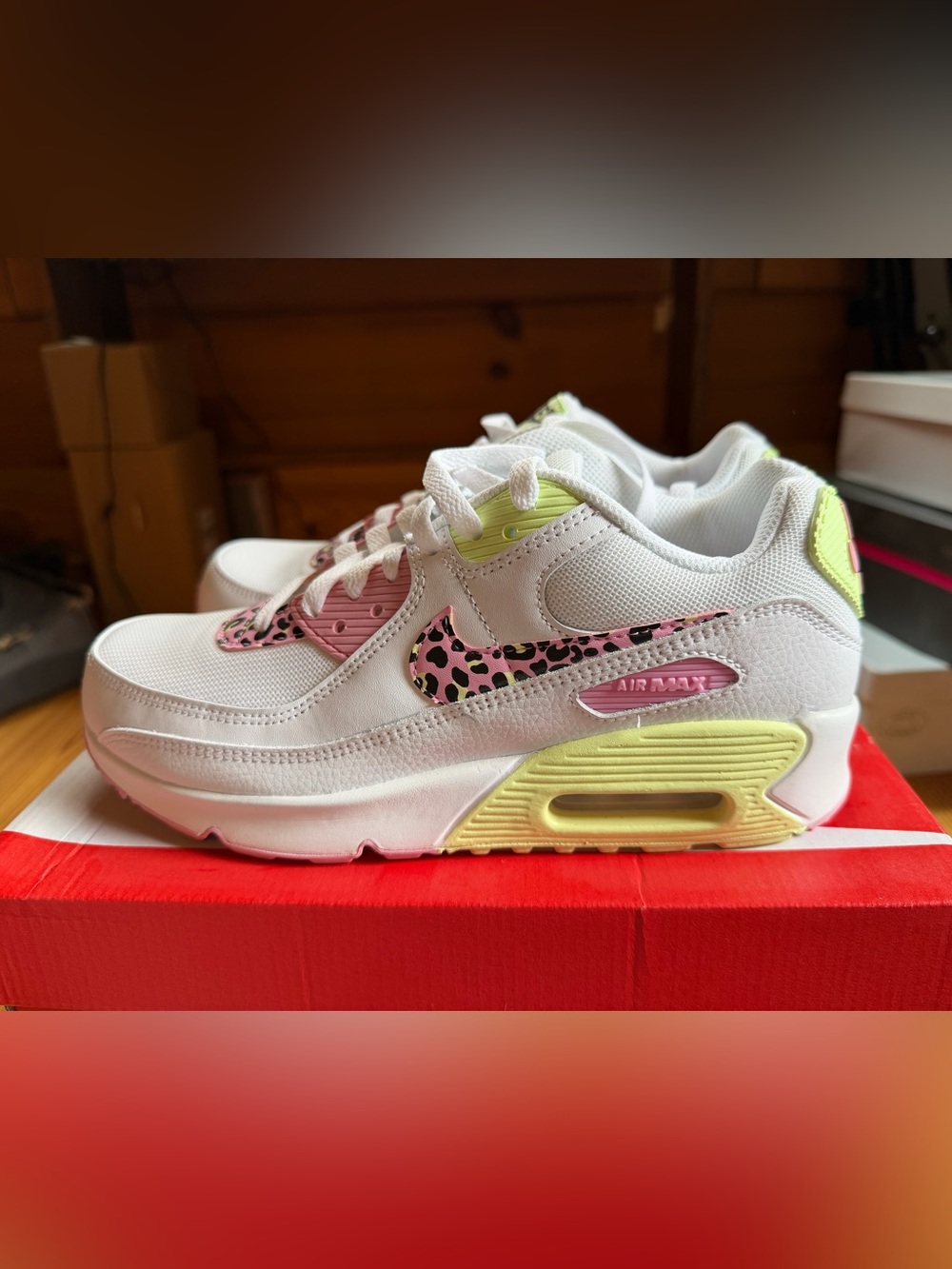 Nike White Sneakers with Pink Leopard Swoosh and Yellow Accents